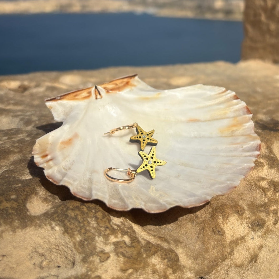 Seashell with a starfish charm on a stone ledge overlooking the ocean.