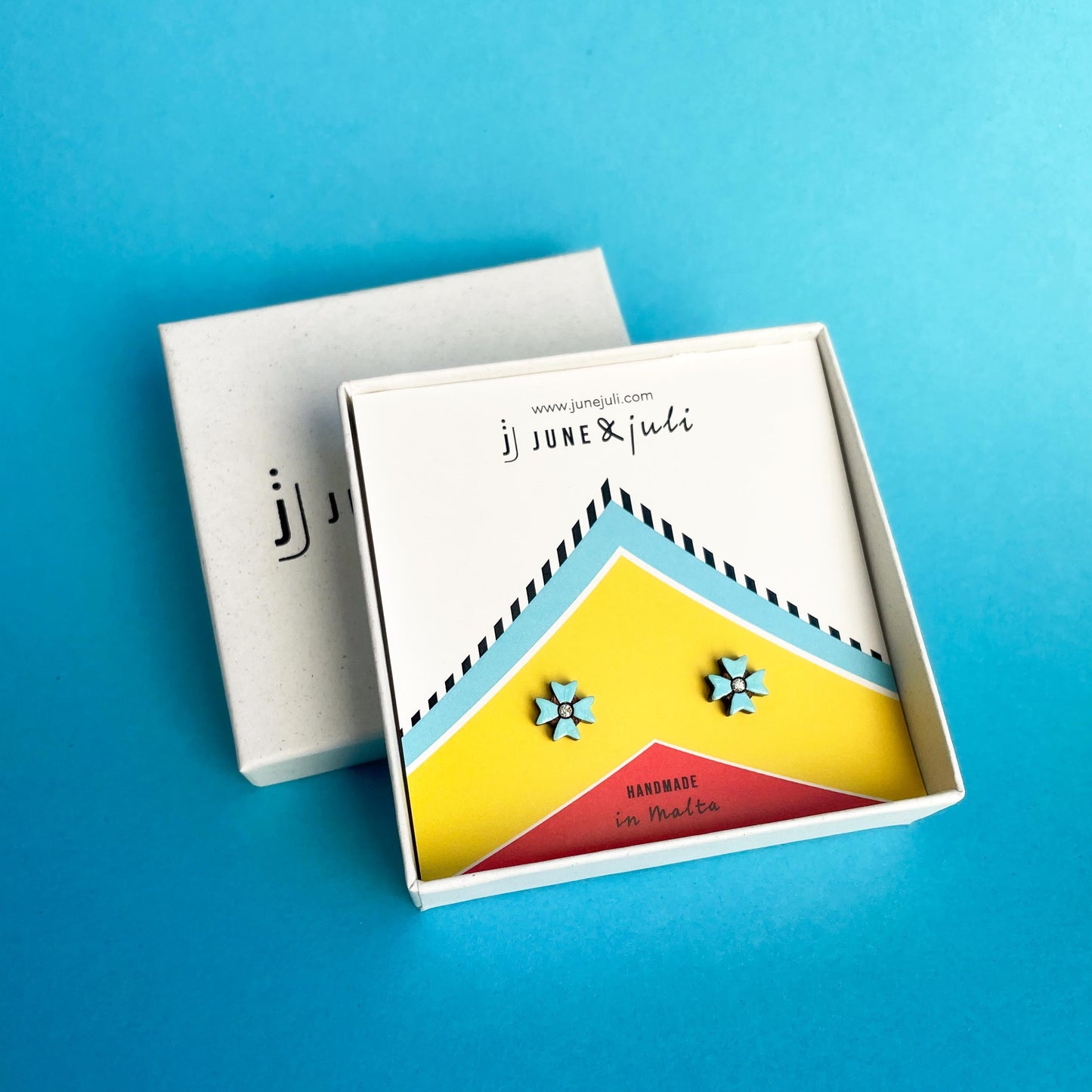 Maltese Cross Stud Earrings in Sky Blue on Luzzu Card