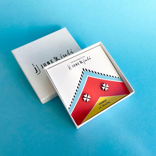 Maltese Cross Stud Earrings in White on Luzzu Card