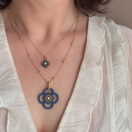 Large Clover Necklace Blue & Gold