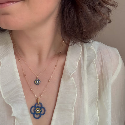 Small Clover Charm Necklace Blue & Gold