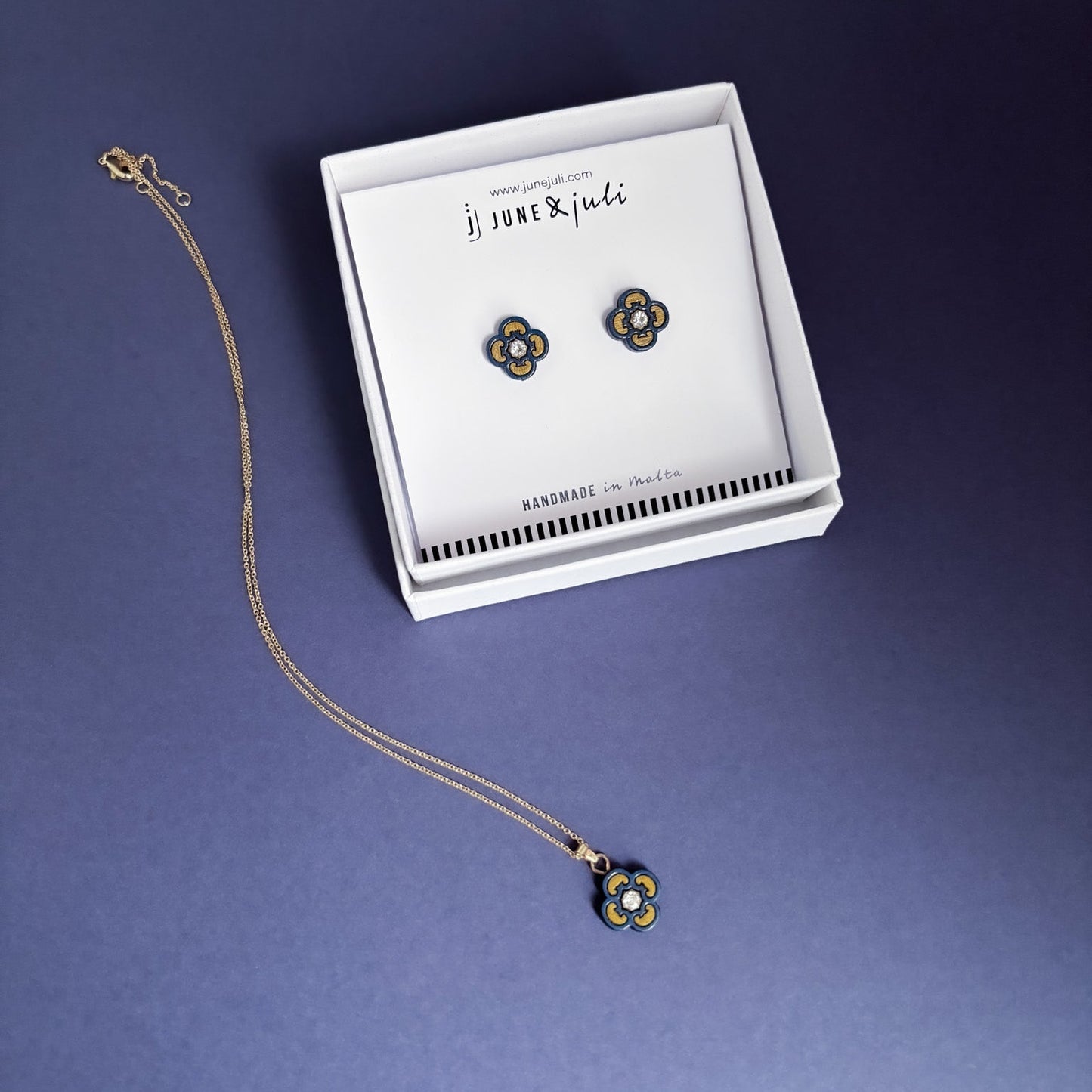 Small Clover Charm Necklace Blue & Gold