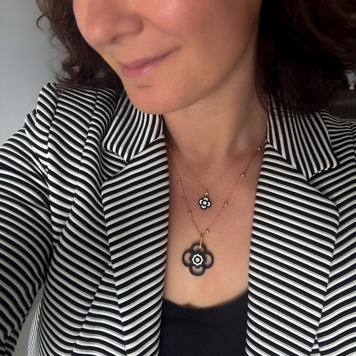 Small Clover Charm Necklace Black & White