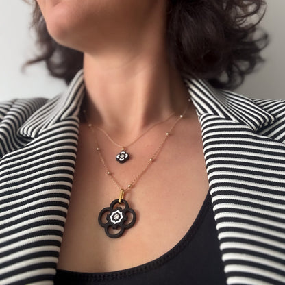 Small Clover Charm Necklace Black & White